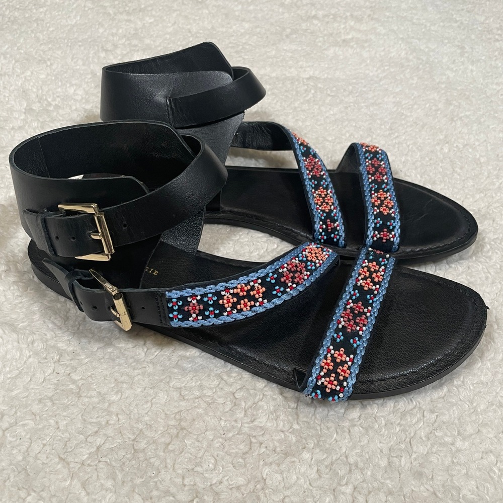 Anthropologie Beaded Sandals Black Leather Ankle Strap‎ Flat Blue Pink Boho 10